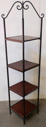 5-Tier Metal & Wood Corner Shelf Unit, Decorative Scrollwork, Black Frame