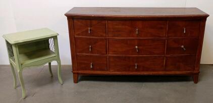 Vintage 9-Drawer Bow-Front Dresser & Green French Provincial Nightstand, Wood, Mid-Century Pair