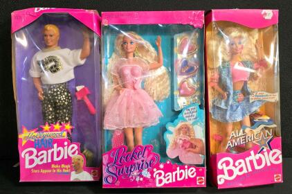 Hollywood Hair Ken 4921, Locket Surprise 08653, All American 9423 - 90s Barbie Dolls In Box