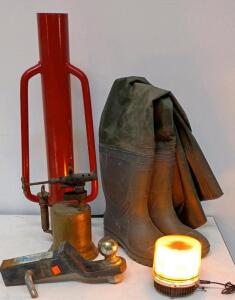 Post Pounder, Sz 12 Wader Boots, Emergency Flashing Round Light & 2" Trailer Hitch Ball Mount With 3" Drop, Pin and Clip, Fits Class III/IV 2" Receiver