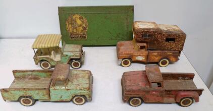 Vintage Pressed Steel Toy Truck & Erector Set, 1950s-60s, A.C. Gilbert, 4 Vehicles + Box