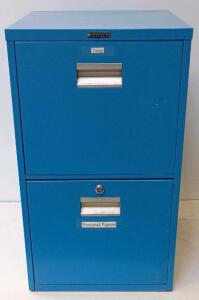 Blue Steel Two-Drawer Filing Cabinet, Letter-Size File, With Hanging Folders
