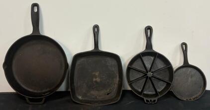 Vintage Cast Iron Cookware Set: Skillet, Griddle, Cornbread Pan, Small Griddle