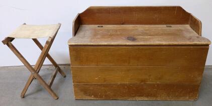 Wooden Storage Chest Bench with Hinged Lid & Folding Camp Stool , Pine Finish