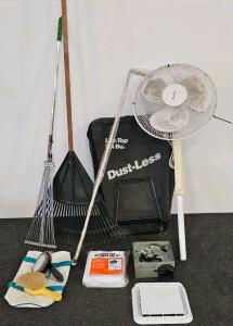 Broan 688 Ceiling/Wall Fan (Confirmed Functional), Lawnmower Bag, Long Handle Rake, Collapsible Metal Rake, Duracraft Standing Fan (Confirmed Functional, Does Not Have Base), Closet Hook Pole (Still In Bag), U-Haul Queen Size Mattress Bag, Two Bench Brush