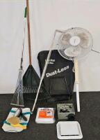 Broan 688 Ceiling/Wall Fan (Confirmed Functional), Lawnmower Bag, Long Handle Rake, Collapsible Metal Rake, Duracraft Standing Fan (Confirmed Functional, Does Not Have Base), Closet Hook Pole (Still In Bag), U-Haul Queen Size Mattress Bag, Two Bench Brush