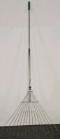 Broan 688 Ceiling/Wall Fan (Confirmed Functional), Lawnmower Bag, Long Handle Rake, Collapsible Metal Rake, Duracraft Standing Fan (Confirmed Functional, Does Not Have Base), Closet Hook Pole (Still In Bag), U-Haul Queen Size Mattress Bag, Two Bench Brush - 6