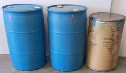 (2) HDPE 55-Gallon Blue Barrels And (1) Fiber Drum, Closed Top & Open Top
