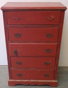 Red 5-Drawer Tall Wooden Chest, Distressed Finish, Metal Pulls