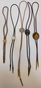 (5) Gold Flake Oval Slide Bolo Tie, Braided Striped Cord, Brass Tips, Vintage Western Style