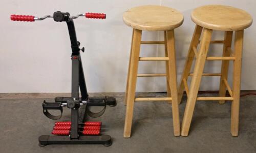 Dual Arm & Leg Rehab Pedal Exerciser, Adjustable Resistance, Compact Steel Frame, Portable<br/>& (2) Wooden Bar Stools