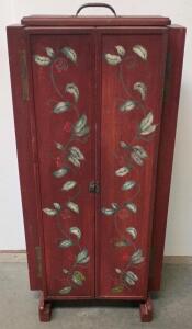 Vintage Hand-Painted Wooden Sewing Cabinet with Fold-Out Doors and Metal Handle