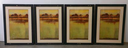 Set of 4 Framed Abstract Landscape Prints, Black Wood Frames
