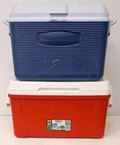 (2) Rubbermaid 48 Quart Blue Cooler, Swing-Up Handles, Stackable, Insulated Ice Chest