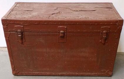 Large Vintage Metal Military Footlocker Trunk, Hinged Flat Top, Brown,
