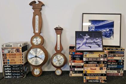 Elgin Banjo Wall Weather Station: Clock, Barometer, Thermometer, Hygrometer, 33" Wood, Framed Baseball Photos, VHS Tapes Including John Wayne