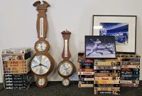 Elgin Banjo Wall Weather Station: Clock, Barometer, Thermometer, Hygrometer, 33" Wood, Framed Baseball Photos, VHS Tapes Including John Wayne