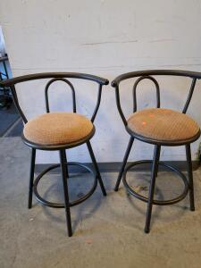 Pair Of Metal Swivel Bar Stools With Beige Upholstered Seats, Counter Height, Footrest, Armrest