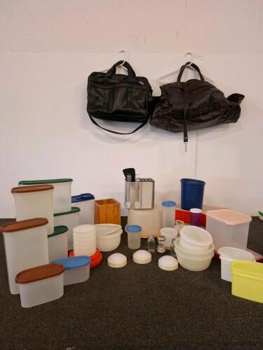 30+ Assorted Tupperware & Plastic Kitchen Storage, Two Leather Bags Duffel & Briefcase