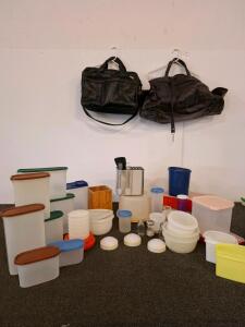 30+ Assorted Tupperware & Plastic Kitchen Storage, Two Leather Bags Duffel & Briefcase