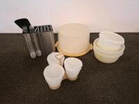 30+ Assorted Tupperware & Plastic Kitchen Storage, Two Leather Bags Duffel & Briefcase - 6