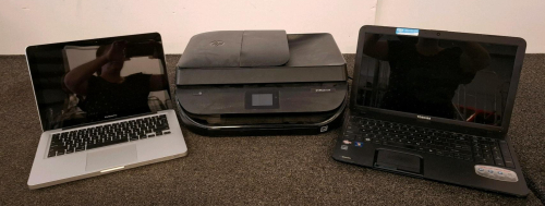 HP OfficeJet 5520 All-In-One Printer/Scanner/Copier, Wi-Fi, USB, Touchscreen, Flatbed Scanner (Tested And Powered On), Apple Laptop, And Toshiba Laptop (Unable To Test)