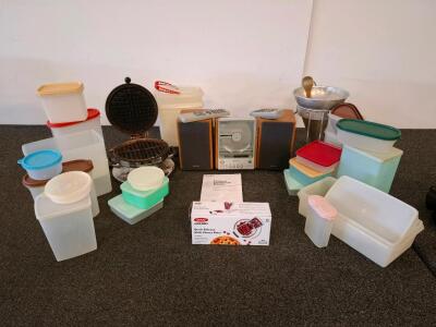 Sony CMT-EX1 Micro Hi-Fi System With Speakers And Remotes (Powered On), Vintage Juicer, Vintage Waffle Maker (Powered On), And More
