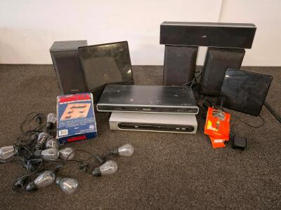 Sony/JVC Home Theater Speakers, Philips & Magnavox DVD Players (Powered On), Mancala Game, LED String Lights