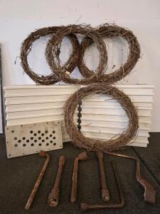 16 Stackable Plastic Drying Trays, 4 Grapevine Wreaths, 6 Vintage Hand Iron Tools, Metal Plate