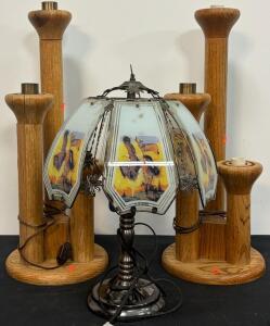 Vintage Native American Art Glass Panel Table Lamp, Trio Wood Table Lamps, 1970s-1990s