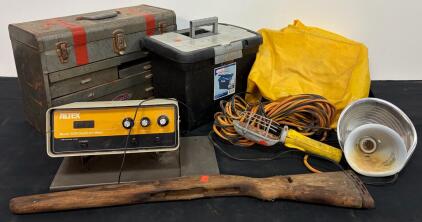 Industrial Mixed Lot: Beckman Autex 3500 pH Meter, Craftsman Toolbox, Lights, Rain Gear, Rifle Stock