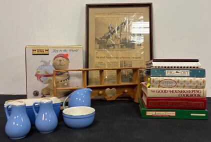 Large Vintage Kitchen Decor Lot: Blue Pottery Set, Wall Shelf, 5 Cookbooks, Debbie Mumm Figurine