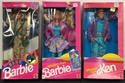 Army Barbie Stars 'n Stripes (1992) #1234, Western Fun Barbie (1989) #9932, Ken (1989) #9934, Mattel