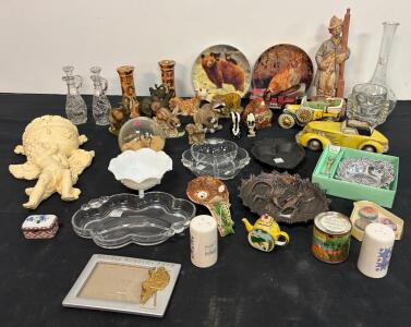 Large Lot Vintage Ceramic, Glass & Metal Decor &ndash; Animal Figurines, Plates, Cars, 27 Pieces (Location G)