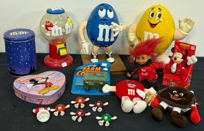 M&M's Collectibles Lot &ndash; Large Blue & Yellow Dispensers, Globe Candy Machine, Plush, Mini Figures