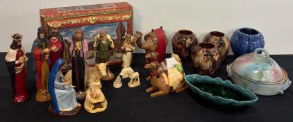 Vintage 12-Piece Nativity Set, 1986 German Schmidt Tin & 5-Piece Studio Pottery Lot