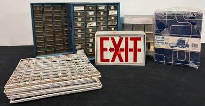 Large Lot Industrial Metal Storage Cabinets, School Basics Organizer Set, Wire Racks, Exit Sign