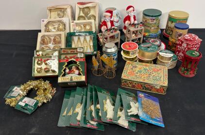Vintage & Modern Christmas Decoration Lot: Ornaments, Santa Figurines, Tins, Ribbons (Location G)