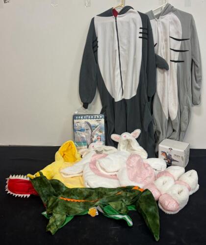 Adult & Kids Animal Onesies Set &ndash; Shark, Dinosaur, Rabbit, Slippers, L Size, Zipper Closure