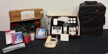 Bulk Lot LifeShield Security System, Lucas Suitcase, Telephones, Metal Shelf, Holiday Decor