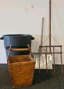 Vintage Wooden Grain Box, Metal Shovel, Rubbermaid Trash Can, Wooden Hay Fork