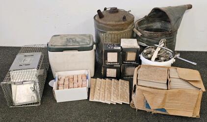 Tumbled Marble Tiles, Miller Live Trap, Coleman Cooler, Vintage Metal Pails, And Tools