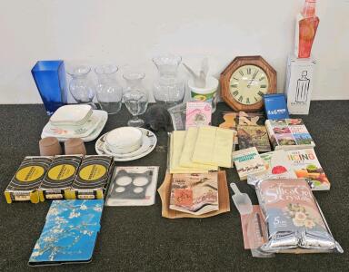 Decor And Vintage Items: 5lb Silica Gel (New), The Bright Angle Oil/Syrup Pour Bottle, Pink Cocktails Essentials Kit (New), Set Of 2 Clay Spice Jars, Blue Square Glass Vase, Set of 4 Clear Glass Vases, Glass Sundae Cup, Matching Set of Blue & Brown Square