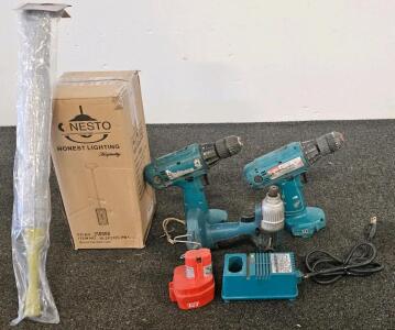 Makita 12V Cordless Drill & Impact Set (All 3 Tools, Charger, And Battery Functional), Nesto Pendant Light (Needs Wired In - Unable To Confirm Functional) Docapole Duster, Battery & Charger