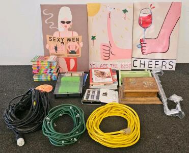 3 Large Extension Chords (All Confirmed Functional), Towel Bar With Installment Hardware (New), Wooden Trinket Box With Fairies, 90s Style Pin Impression Toy, Betty Crocker Cookbook, And More