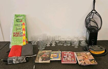 Vintage Assorted Clear Etched Glassware Set &ndash; 30+ Pieces With Floral Motif, Child Safety Signs, Varied Cookbooks And Plant Books, And More