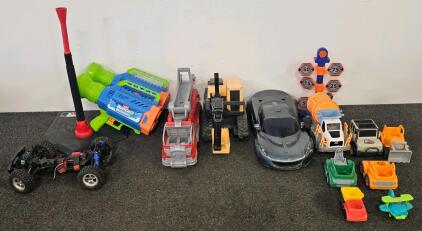 Toy Car And Sports: 2 Buncho Bubbles Bubble Blowers, Toy Sports Car, Toy CAT Backhoe, Toy Firetruck, Kids Teeball Stand, 8 Assorted Toy Cars, Nerf Target Practice