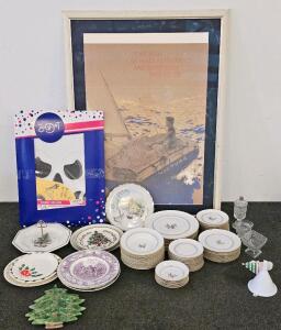Vintage 57-Piece Gold Trim Porcelain Dinnerware Set & Holiday Plates, Glassware, Framed Art