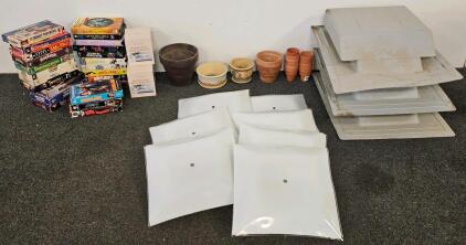 7 Square White Frosted Glass Ceiling Light Shade (12"x12"), 5 Assorted Planter Pots, 13 Mini Nursery Planter Pots, 3 Boxes Of White Leather & Vinyl Recoloring Balm, And More