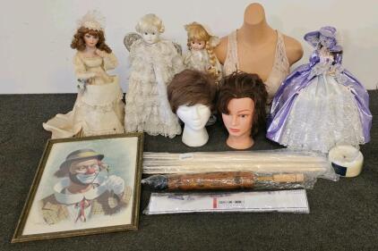 1 Mannequin Bust, 1 Styling Mannequin Head, 1 Styrofoam Wig Head With Wig Attached, 4 Vintage Dolls, And More